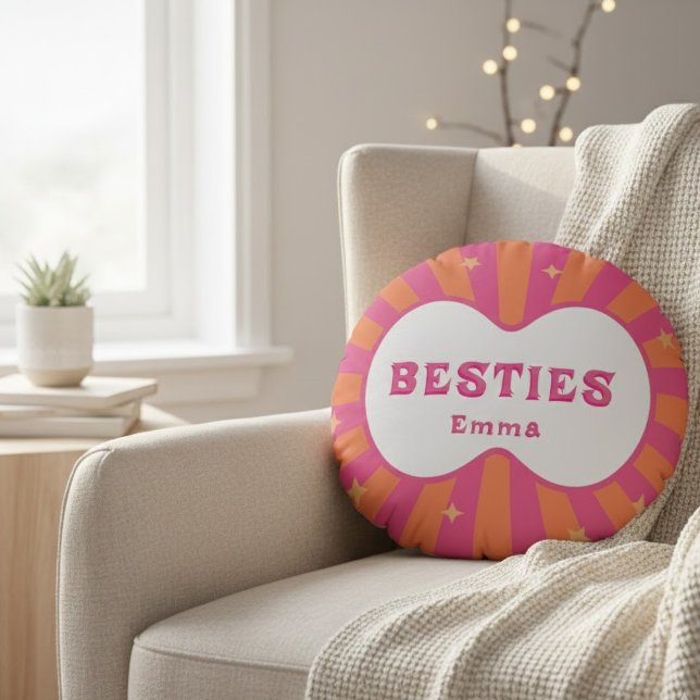 Custom "Besties" Sunburst Personalized Pillow – Em Rundes Kissen (Von Creator hochgeladen)