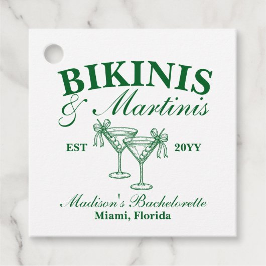 Custom Bikinis und Martinis Junggeselinnen-Abschie Geschenkanhänger (Vorderseite)