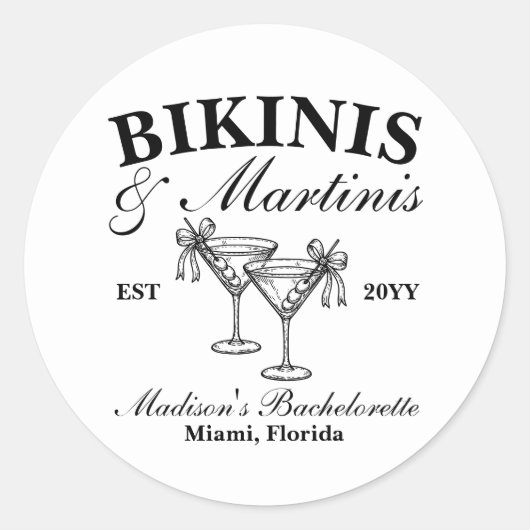 Custom Bikinis und Martinis Junggeselinnen-Abschie Runder Aufkleber (Vorderseite)