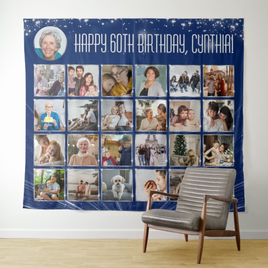 Custom Birthday Banner Multi Foto Blue Silver Wandteppich (Beispiel (Horizontal))