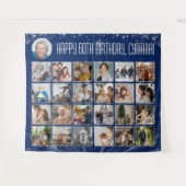 Custom Birthday Banner Multi Foto Blue Silver Wandteppich (Vorderseite (Horizontal))