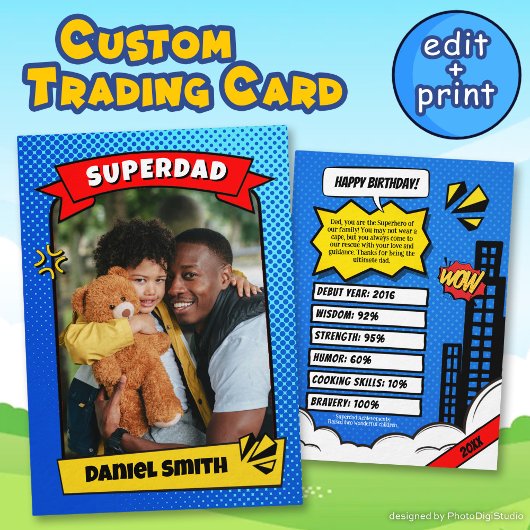 Custom Birthday Card Comic Superdad Trading Card Telefonnummerkarte