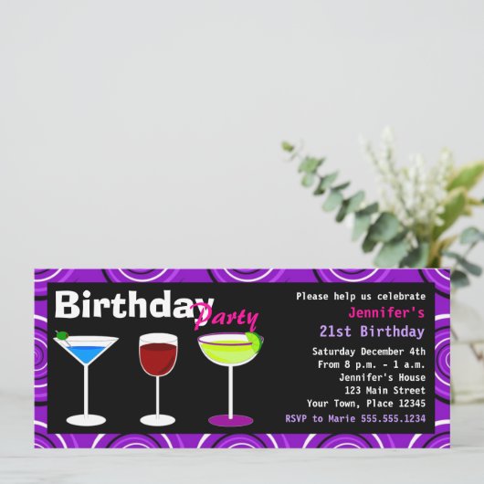Custom Birthday Cocktail Party Einladen Lila Swirl Einladung (Stehend Vorderseite)