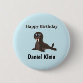 Custom birthday cute gray seal blue button (Vorderseite)