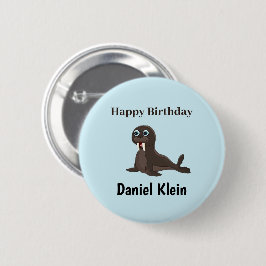 Custom birthday cute gray seal blue button
