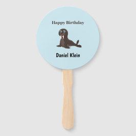 Custom birthday cute gray seal blue fächer