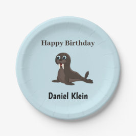 Custom birthday cute gray seal blue pappteller