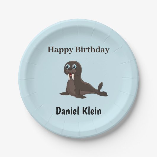 Custom birthday cute gray seal blue pappteller (Vorderseite)