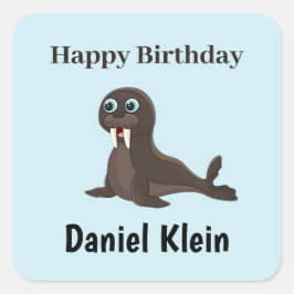 Custom birthday cute gray seal blue quadratischer aufkleber