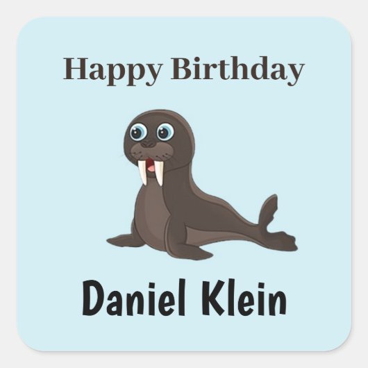 Custom birthday cute gray seal blue quadratischer aufkleber (Vorderseite)