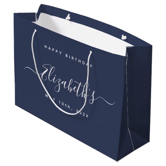 Custom Birthday Dark Blue Große Geschenktüte (Rückseite Schrägansicht)