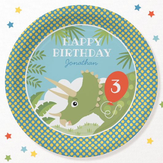 Custom Birthday Dinosaur Triceratops jedes Alter B Pappteller