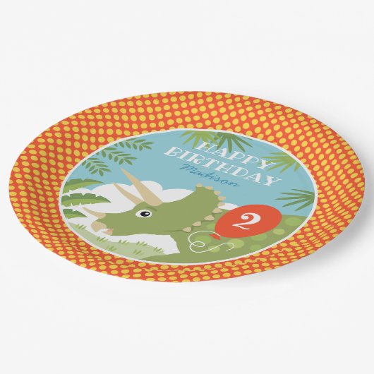 Custom Birthday Dinosaur Triceratops jedes Alter r Pappteller (Schrägansicht)