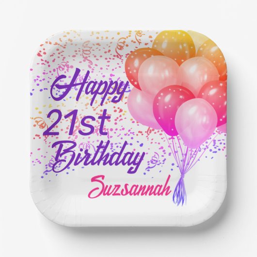 Custom Birthday farbenfrohe Confetti mit Balloons Pappteller (Vorderseite)
