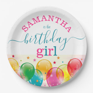 Custom Birthday Girl Festive Colorful Pink/Aquamar Pappteller