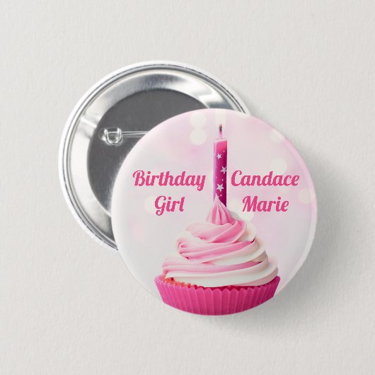 Custom Birthday Girl Hübsch Pink Cupcake Foto Button (Vorne & Hinten)