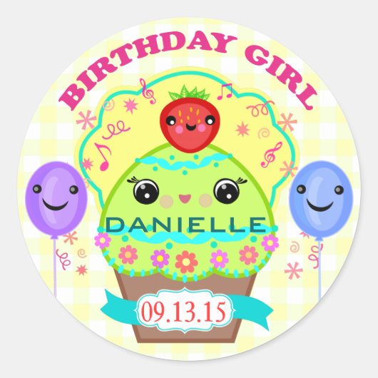 Custom Birthday Girl Kawaii Cupcake Stickers (Vorderseite)