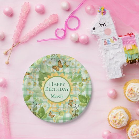 Custom Birthday Green Gingham Sunflower Butterfly Pappteller (Party)