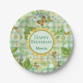 Custom Birthday Green Gingham Sunflower Butterfly Pappteller (Vorderseite)