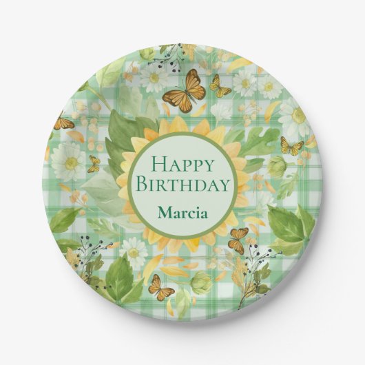 Custom Birthday Green Gingham Sunflower Butterfly Pappteller (Vorderseite)