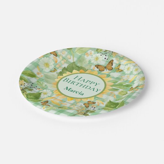 Custom Birthday Green Gingham Sunflower Butterfly Pappteller (Schrägansicht)