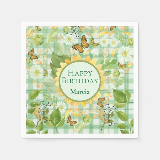 Custom Birthday Green Gingham Sunflower Butterfly Serviette (Vorderseite)