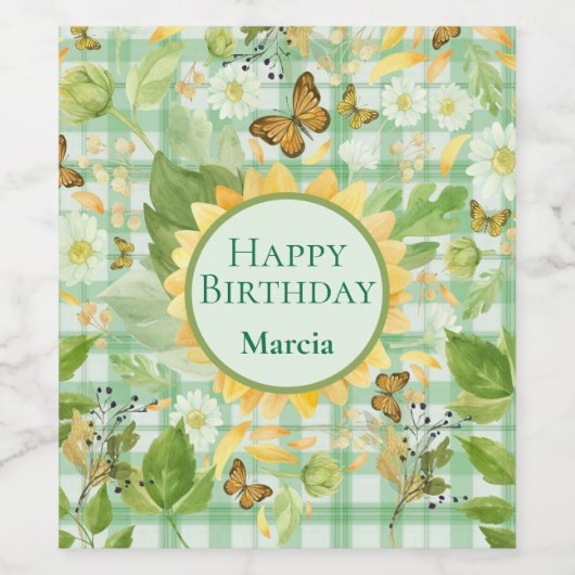 Custom Birthday Green Gingham Sunflower Butterfly Weinetikett (Einzelnes Label)