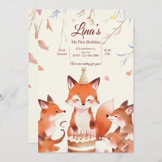 Custom Birthday Invitation with Cute Foxes Einladung (Vorne/Hinten)