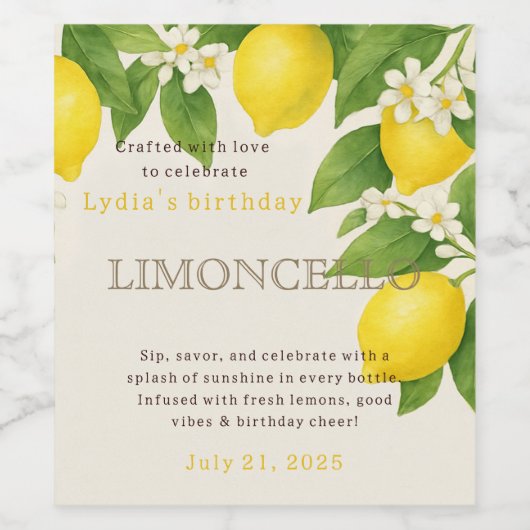 Custom Birthday Limoncello Bottle Label Weinetikett (Einzelnes Label)