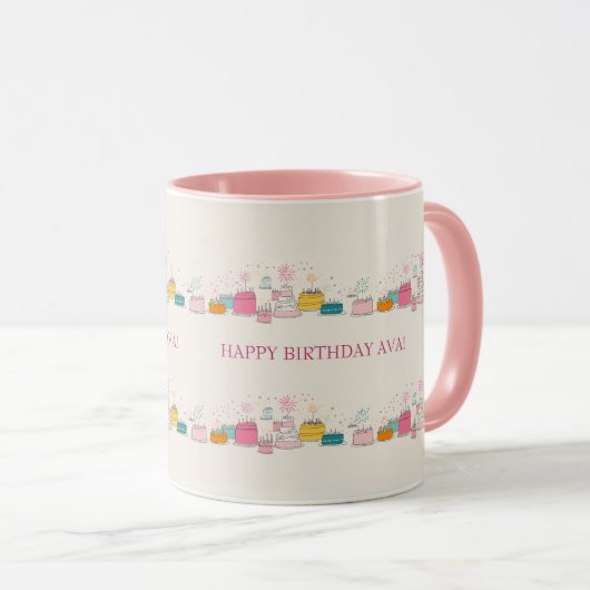 Custom Birthday Mug – Cream Confetti & Cake Doodle Tasse (VorderseiteRechts)