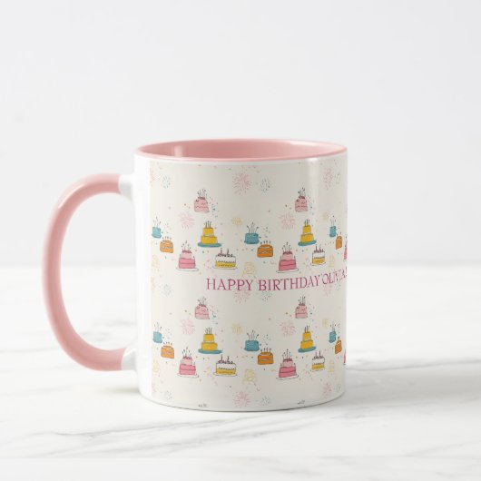 Custom Birthday Mug – Floating Cakes & Confetti Tasse (Links)