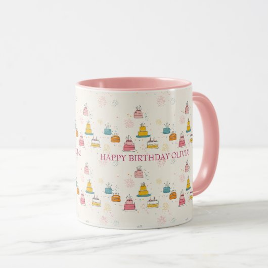 Custom Birthday Mug – Floating Cakes & Confetti Tasse (VorderseiteRechts)