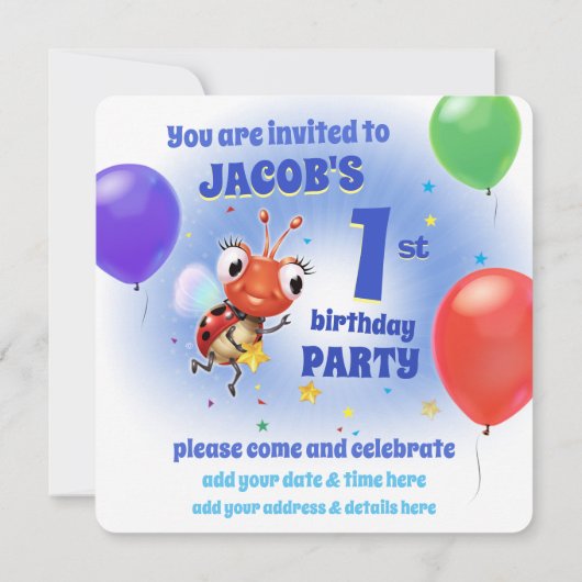 Custom Birthday Party einladen Junge 1 Jahre alt Einladung (Rückseite)