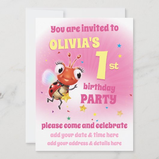Custom Birthday Party einladen Mädchen 1 Jahre alt Einladung (Rückseite)