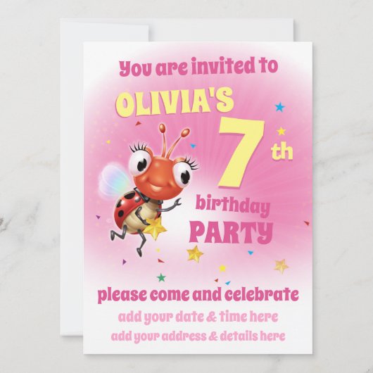 Custom Birthday Party einladen Mädchen 7 Jahre alt Einladung (Rückseite)