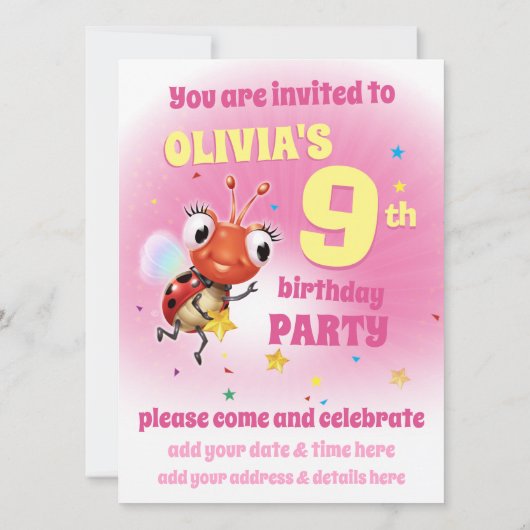 Custom Birthday Party einladen Mädchen 9 Jahre alt Einladung (Rückseite)