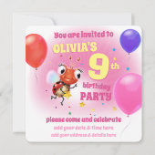 Custom Birthday Party einladen Mädchen 9 Jahre alt Einladung (Rückseite)
