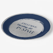 Custom Birthday Party Plates, Modern Blue Silver Pappteller (Schrägansicht)