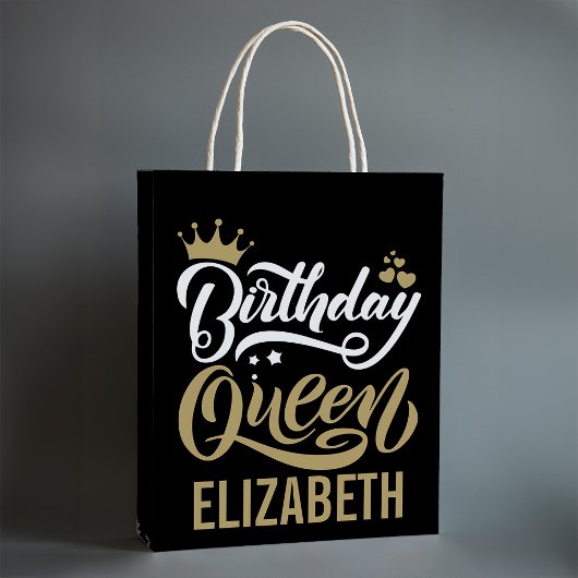 Custom Birthday Queen Black and Gold Personalisier Mittlere Geschenktüte