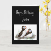 Custom Birthday, Sister, Cute Puffins Bird Nature Karte (Gelbe Blume)
