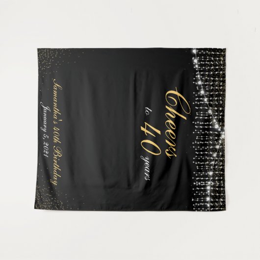 Custom Birthday String Lights Gold Background Foto Wandteppich (Vorderseite (Horizontal))