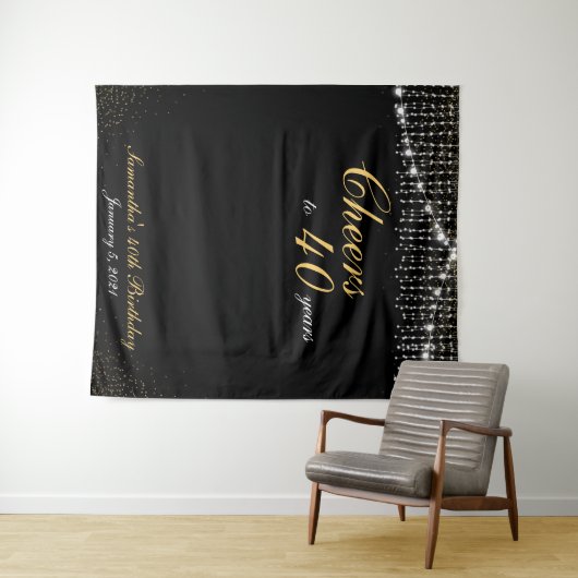 Custom Birthday String Lights Gold Background Foto Wandteppich (Beispiel (Horizontal))