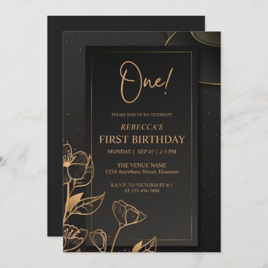 Custom Black and Gold Luxus Premium Monogram Einladung (Vorne/Hinten)