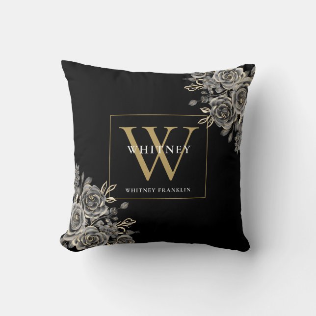 Custom Black and Gold Monogram Floral Kissen (Vorderseite)