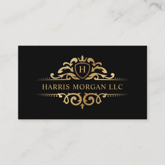 Custom Black and Gold Royal Monogram Beruflich Visitenkarte (Vorderseite)