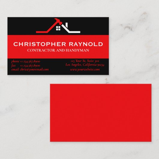 Custom Black and Red Zuhause Gebäude Construction Visitenkarte (Vorne/Hinten)