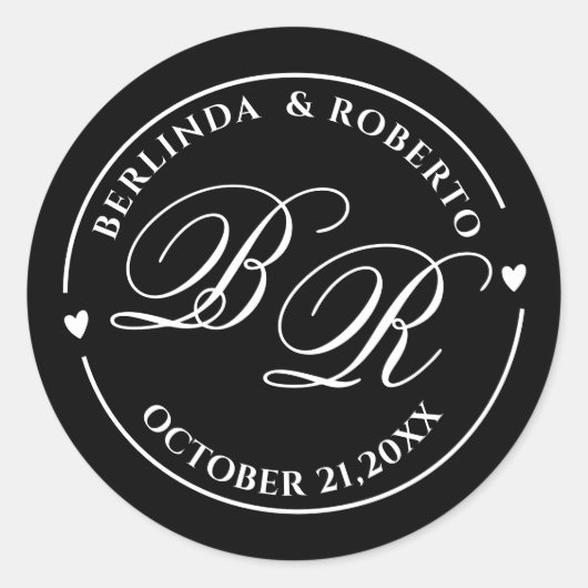 Custom black and white Monogram Wedding love Runder Aufkleber (Vorderseite)