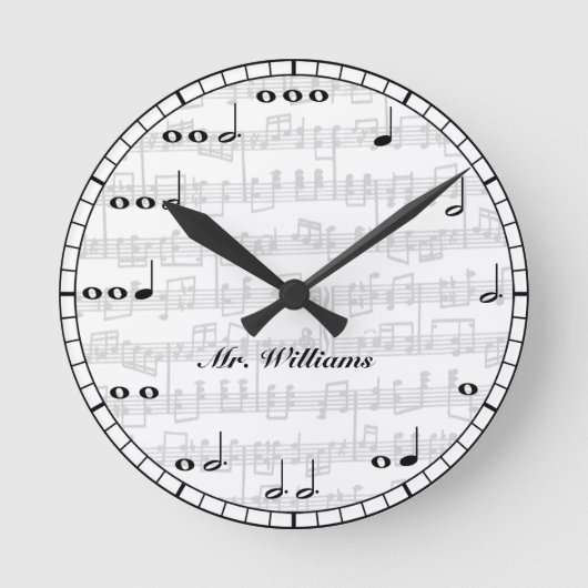 Custom Black and White Music Notes Round Clock Runde Wanduhr (Vorderseite)