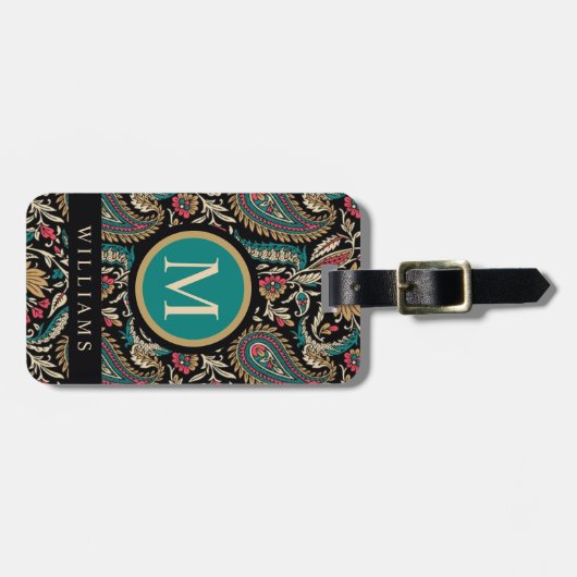 Custom Black Aquamarin Blue Green Gold Paisley Mus Gepäckanhänger (Vorderseite horizontal)