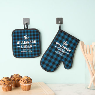 Custom Black Blue Buffalo Lumberjack Kariertes Mus Ofenhandschuh & Topflappen-Set